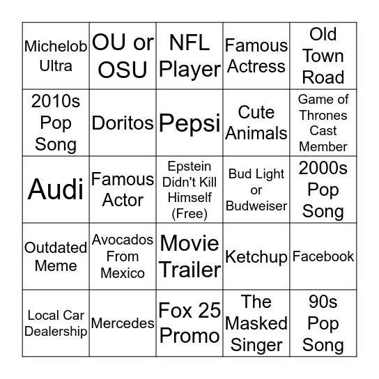 Super Bowl LIV Commercials Bingo Card