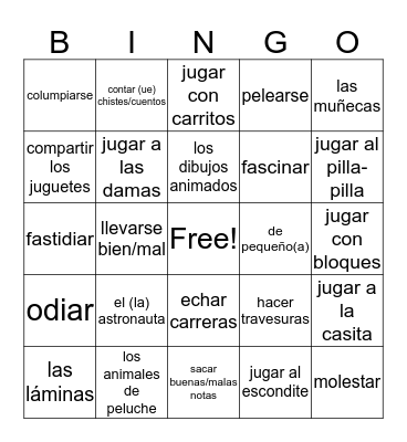 Bingo on Childhood activities Bingo Card