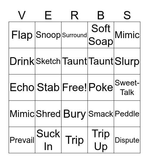 Identifying Verbs Bingo  Bingo Card