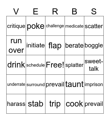 Identifying Verbs Bingo  Bingo Card