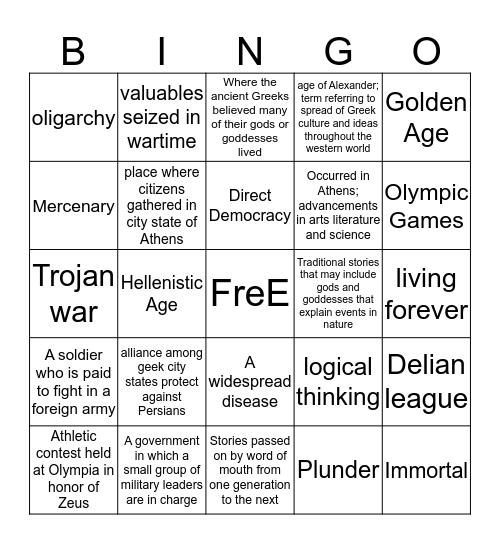 Ancient Greece Bingo board Bingo Card