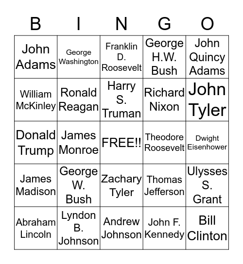 Presidents' Day Bingo Card
