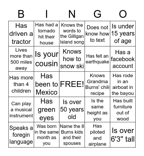 The Burns Reunion Bingo Card