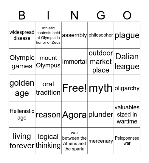 Greece Bingo Card