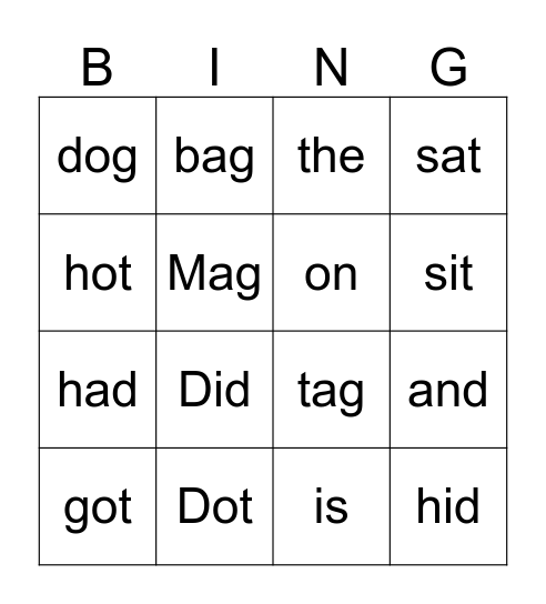 Dot and the Dog Bingo Card