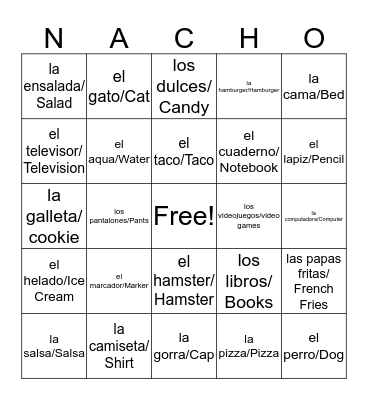 Espanol Bingo Card
