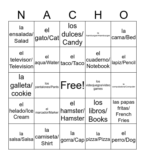 Espanol Bingo Card