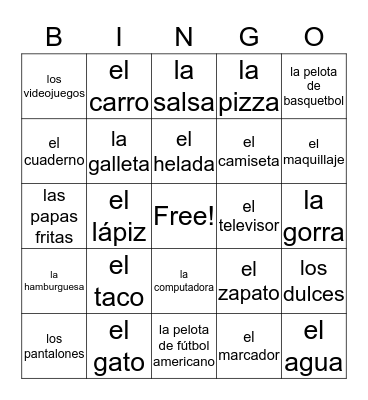 Spanish bingo Card