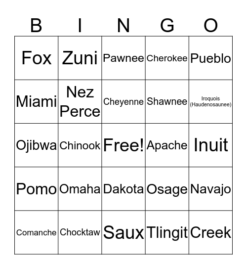 Native Americans Bingo Card