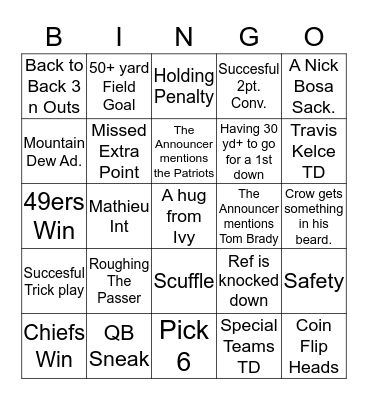 Super Bowl Bingo Card