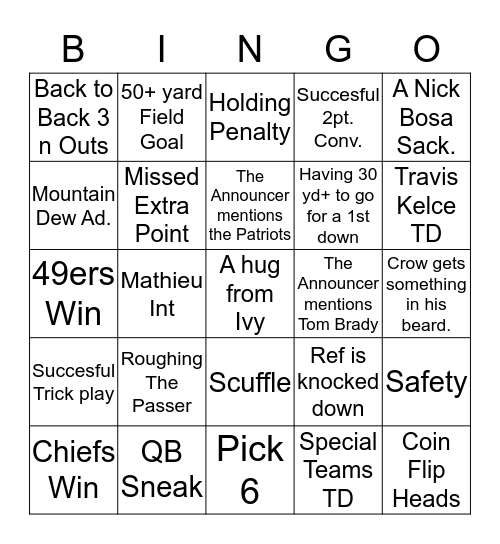 Super Bowl Bingo Card