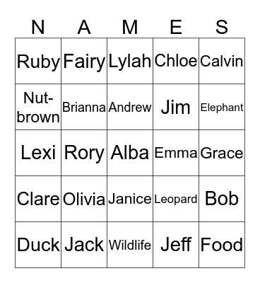 names Bingo Card