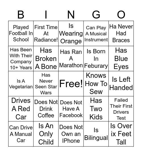 Radiance 2020 Bingo Card