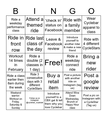 Cyclebar BINGO Card
