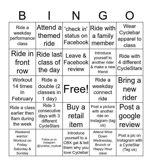 Cyclebar BINGO Card