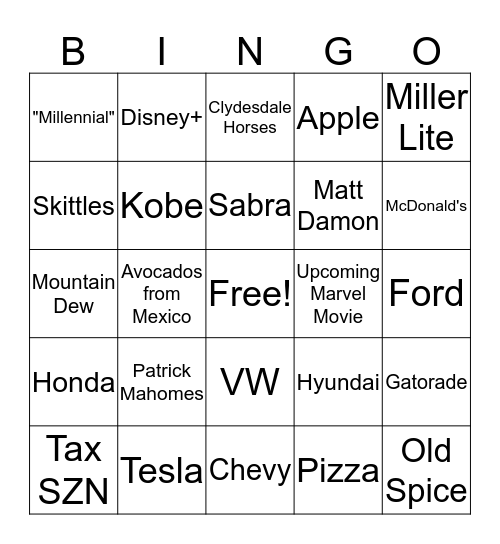 Super Bowl LIV Bingo Card