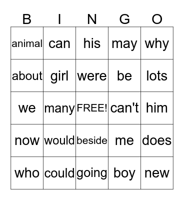 Magic Word Bingo Card