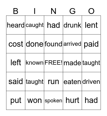 past participle verbs Bingo Card