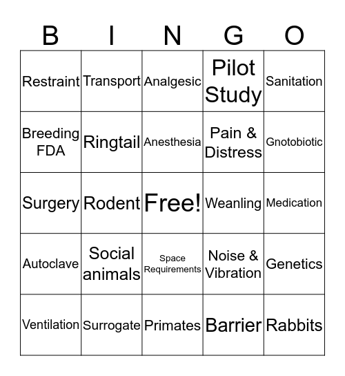 Laboratory Animal Tech Week Bingo Card