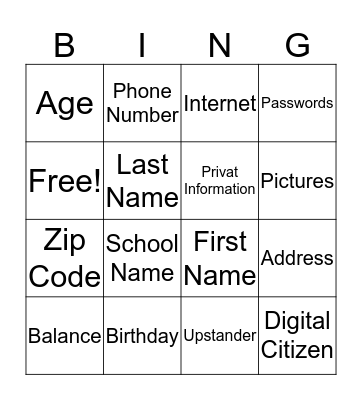 K-2 Digital Citizenship Bingo Card