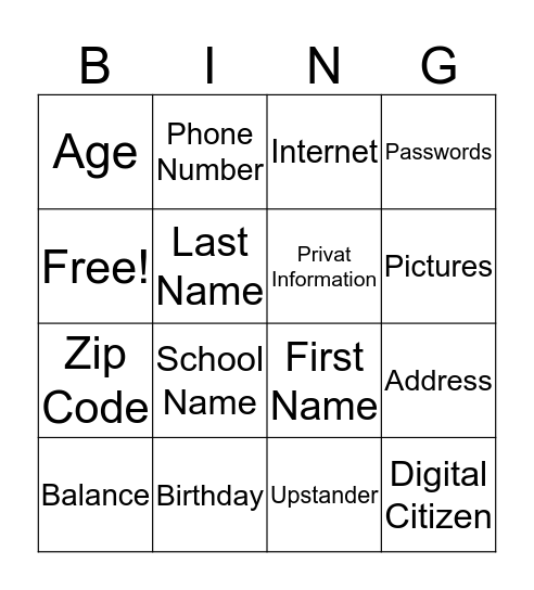 K-2 Digital Citizenship Bingo Card