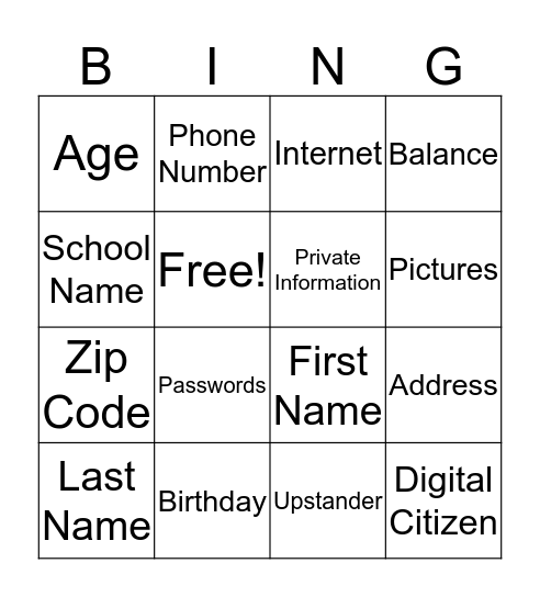 K-2 Digital Citizenship Bingo Card