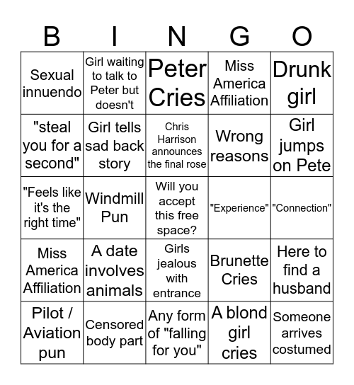 ~The Bachelor~ Pilot Pete Bingo  Bingo Card