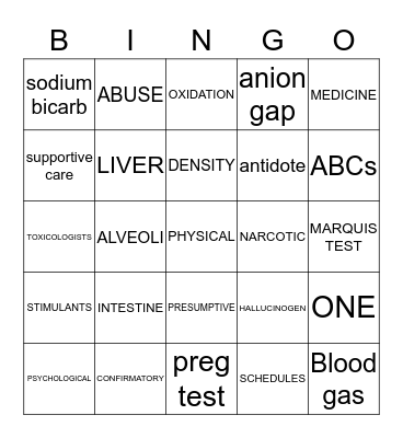 TOXICOLOGY REVIEW BINGO Card