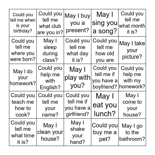 May I ask you a question? Bingo Card
