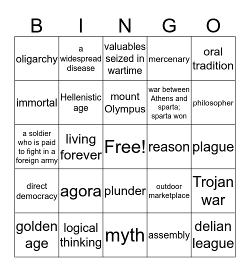 greece bingo Card