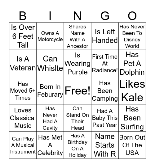 Radiance 2020 Bingo Card