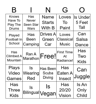 Radiance 2020 Bingo Card