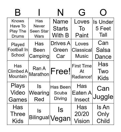 Radiance 2020 Bingo Card