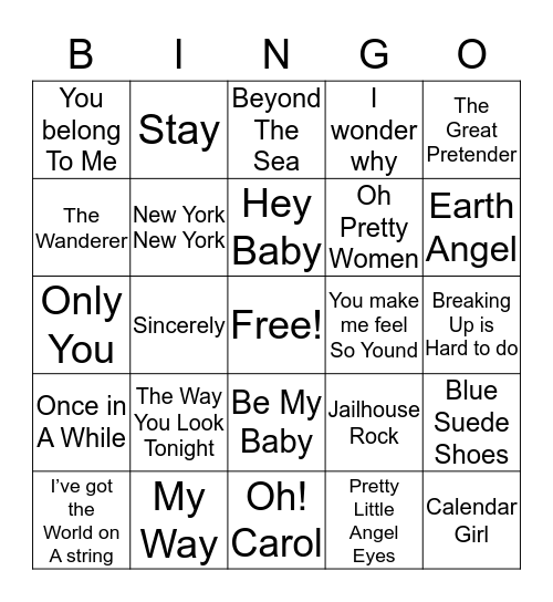 50’s and 60’s Music Bingo Card