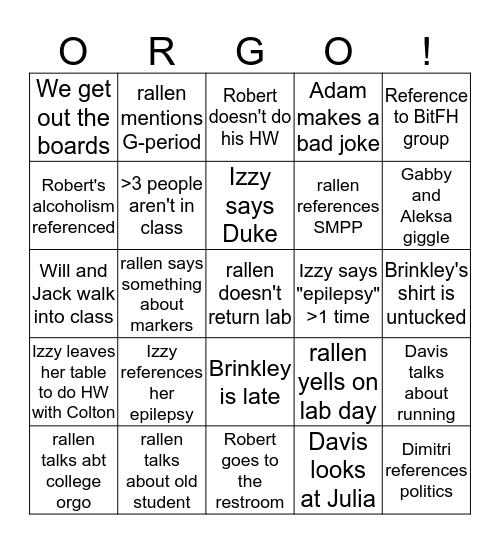 Weekly Orgo Bingo Card