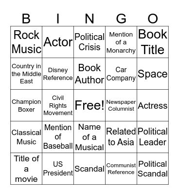 We Didn't Start the Fire Bingo Card