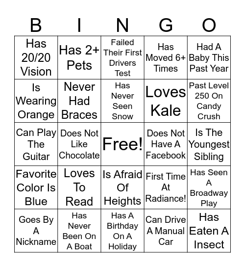 Radiance 2020 Bingo Card