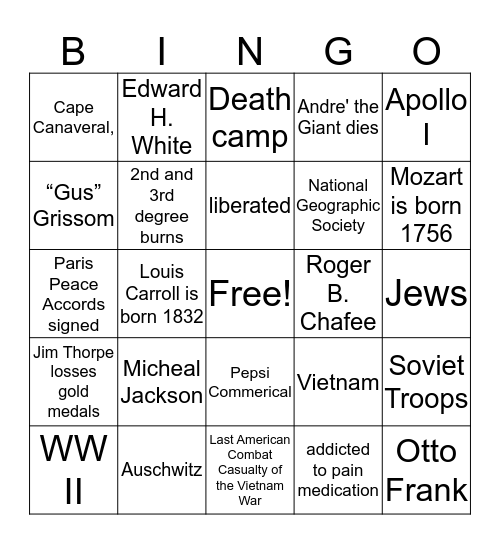 January 27th Bingo Card