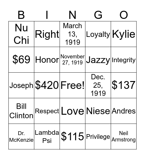 Kappa Kappa Psi Bingo Card