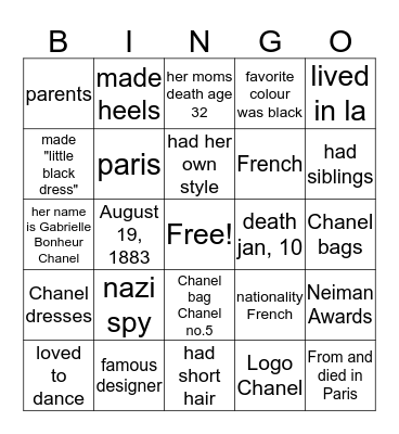 Chanel's Bingo Card