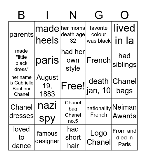 Chanel's Bingo Card