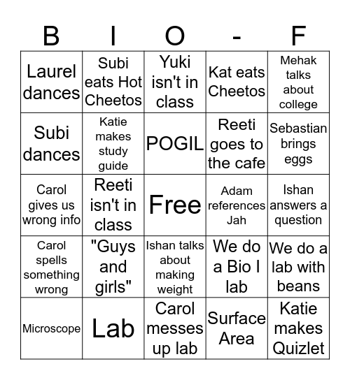 Weekly Bio Bingo Card