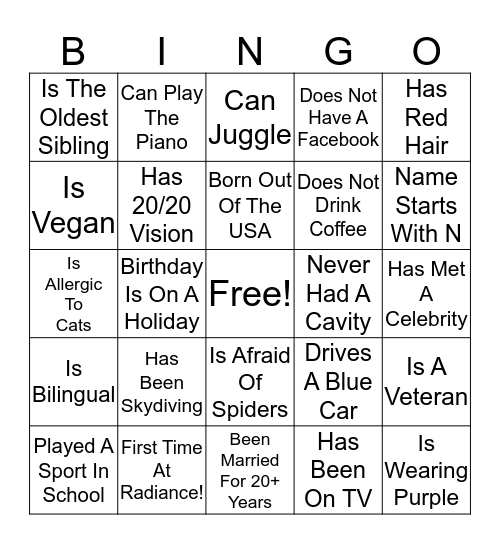 Radiance 2020 Bingo Card