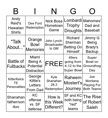 Super Bowl Opening Night Bingo Card