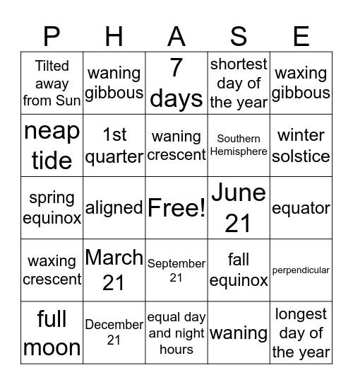 Seasons and Moon Bingo Card