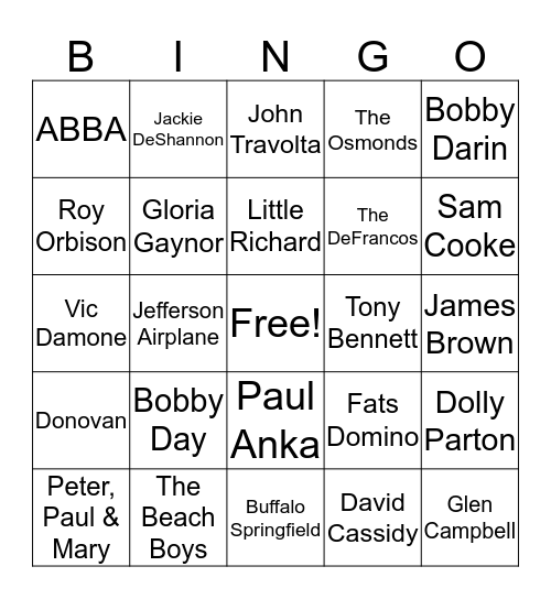 AMERICAN BANDSTAND SINGO BINGO  Bingo Card