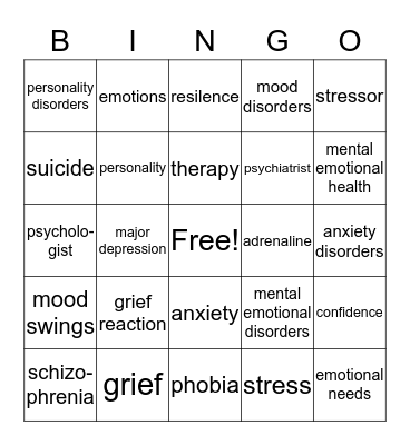 Mental/Emotional Health Bingo Card