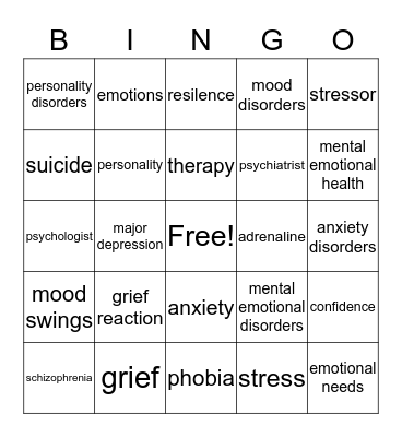 Mental/Emotional Health Bingo Card