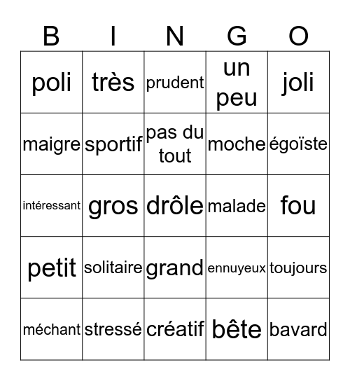 Describing oneself • Français Bingo Card