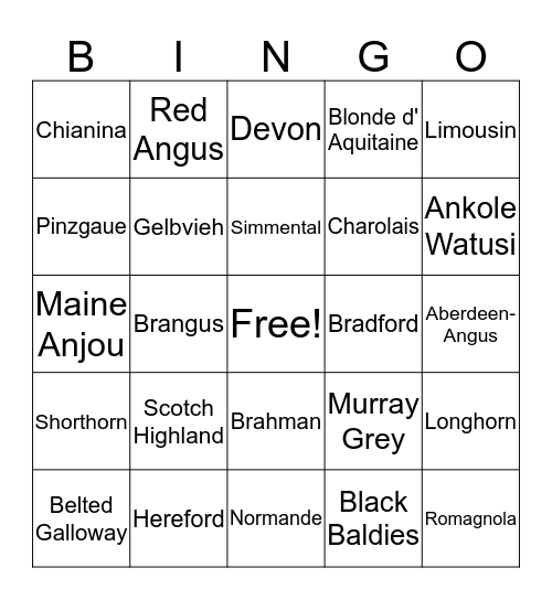 Beef Breeds Bingo Card